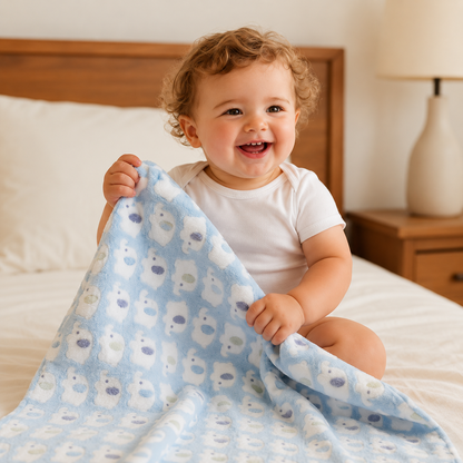 Couverture bébé bleue motif éléphant bébé assis souriant sur lit