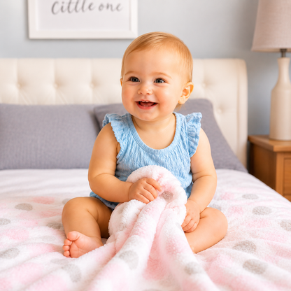 Couverture bébé rose bébé assis souriant sur lit