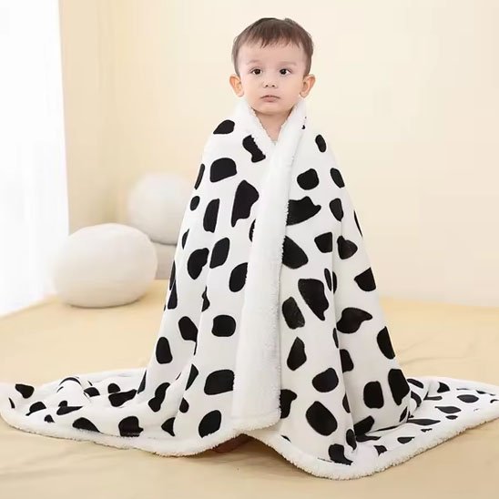 couverture bebe blanche motif taches noires bebe debout