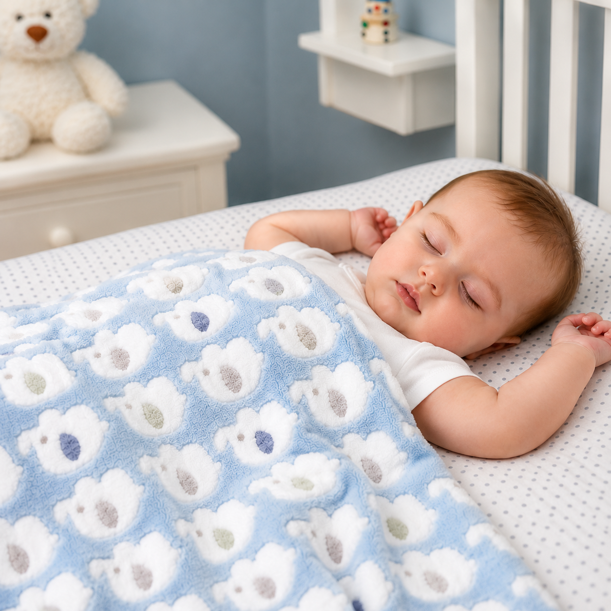 couverture bébé bleue motif éléphant bébé endormi
